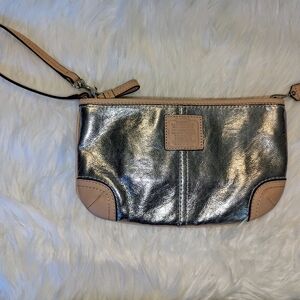Coach Metallic Leather Silver Tan trim Wristlet Purse wallet Pouch card holder